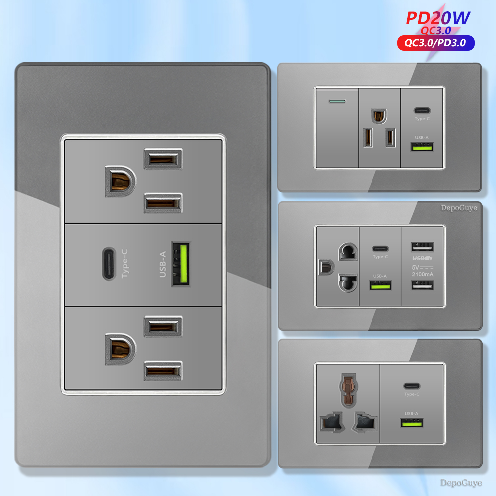 Grey Tempered Glass American U - đánh giá và giá Smart Wall Socket